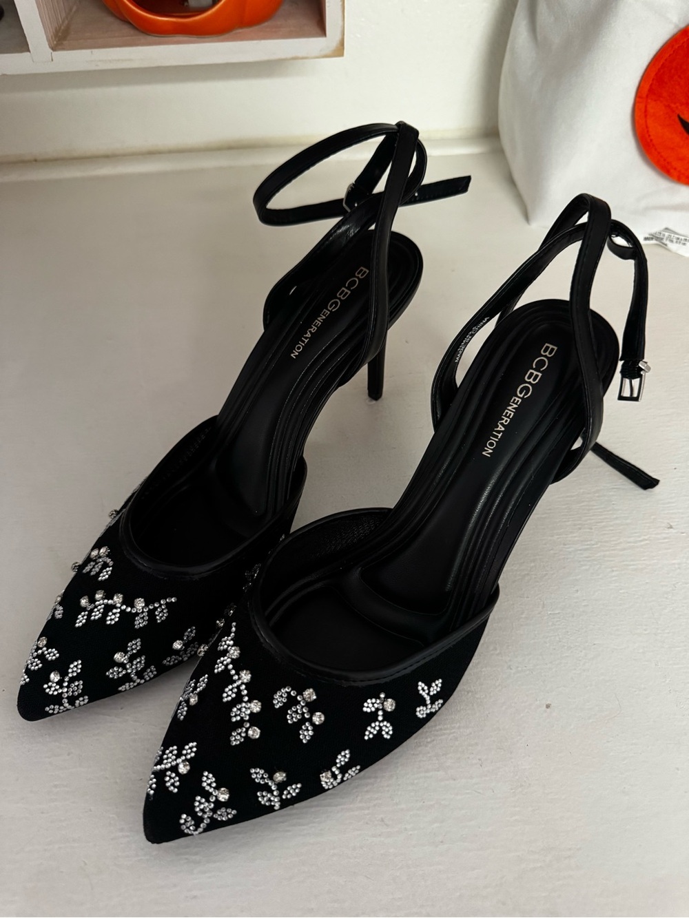 BCBGeneration Black Crystal-Embellished Pointed-Toe Ankle-Strap Heels